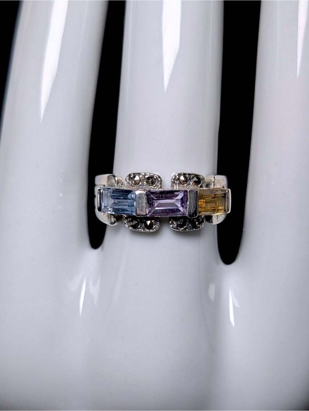 Vintage 3 Stone Genuine Topaz, Amethyst and Citrine Sterling Silver Band Ring